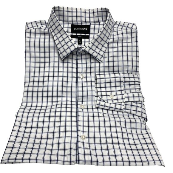Bonobos Slim Fit White Navy Windowpane Long Sleeve Button Down Shirt - Picture 11 of 11